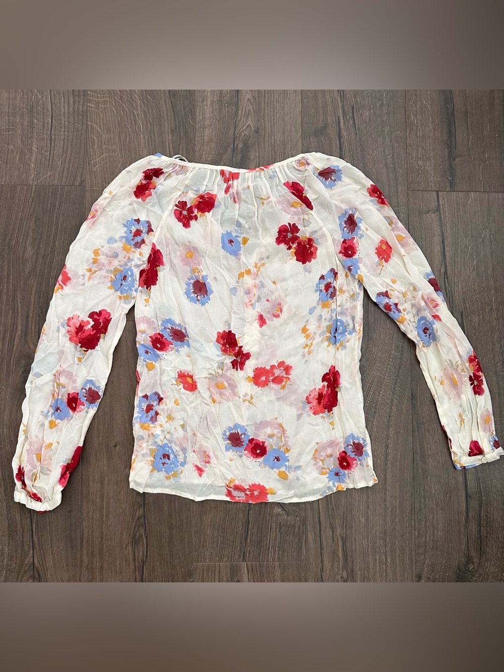 Lucky Brand Ivory Floral Tie-Neck Blouse with Red & Blue Blooms - Picture 4 of 8